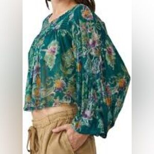 Free People Chiffon Long Sleeve Green Floral Cropped Top Sz Small